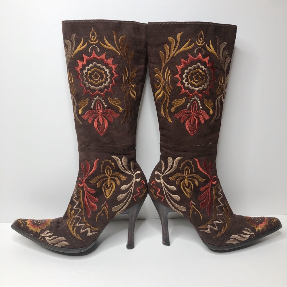 Go Max Brown Embroidered High Heel Zip Up Boots